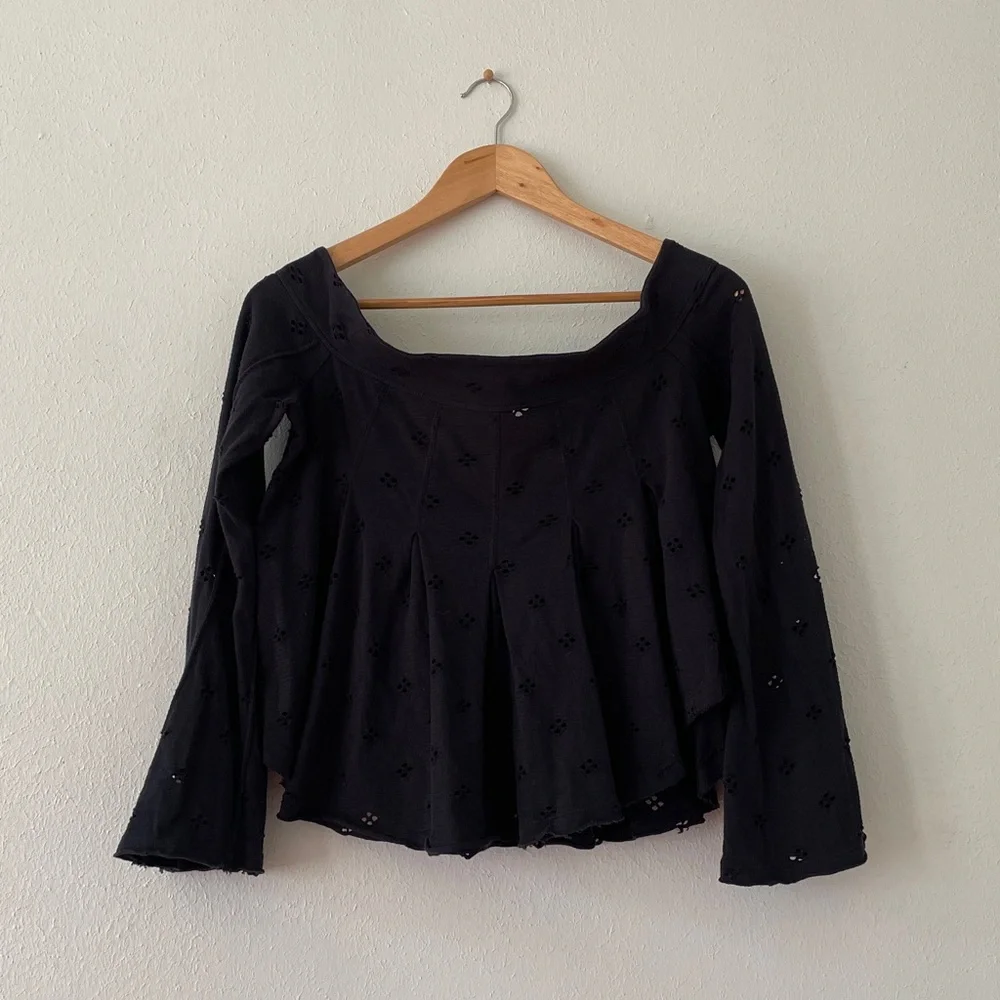 Free People Eyelet Blouse Flare Sleeve Washed Boho Black Medium